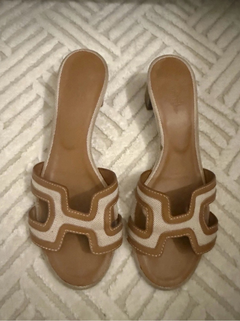 Hermes Oasis Beige Canvas Leather H Heels  w Box and Dust Bag 37.5